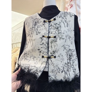 复古新中式马甲夹棉2025圆领鸵鸟毛下摆秋冬季新款国风百搭背心女