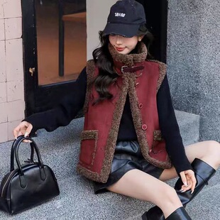 2025秋冬新款韩版羊羔毛马甲女仿麂皮绒皮毛一体马夹背心坎肩外套