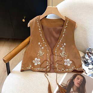 云南新疆穿搭民族风花朵刺绣系带无袖 马甲女叠穿绑带棕色坎肩背心