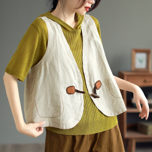 坎肩宽松百搭亚麻上衣薄女 无袖 设计感牛角扣棉麻马甲夏季 休闲大码