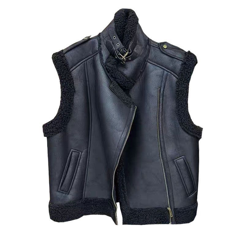 皮毛一体仿羊羔毛马甲女秋冬2025新款宽松显瘦加厚机车服马夹外套