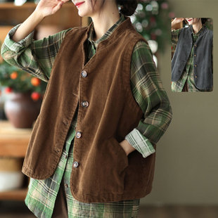 双层有里布灯芯绒立领马甲外套女2026春新款 文艺休闲百搭复古背心