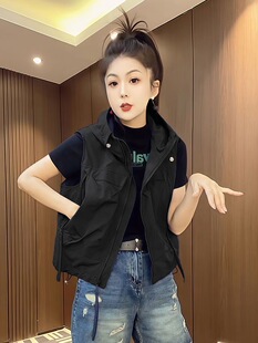 小个子连帽休闲马夹背心时尚 春秋新款 坎肩潮 马甲外套女款 欧货工装