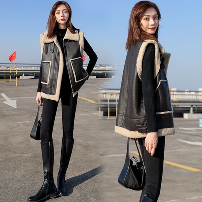 皮毛一体仿羊羔毛马甲女2025秋冬翻领拼接机车马夹仿皮草背心