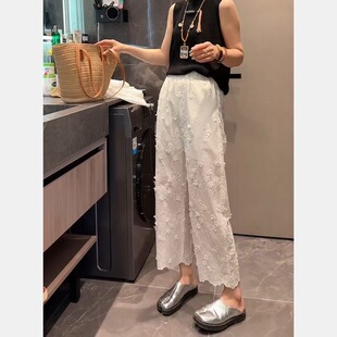 子女2026新款 显瘦蕾丝镂空九分裤 夏季 梨形身材大码 薄款 白色休闲裤