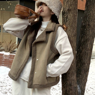 皮毛一体翻领仿羊羔毛马甲女冬外穿加绒加厚保暖坎肩马夹背心外套