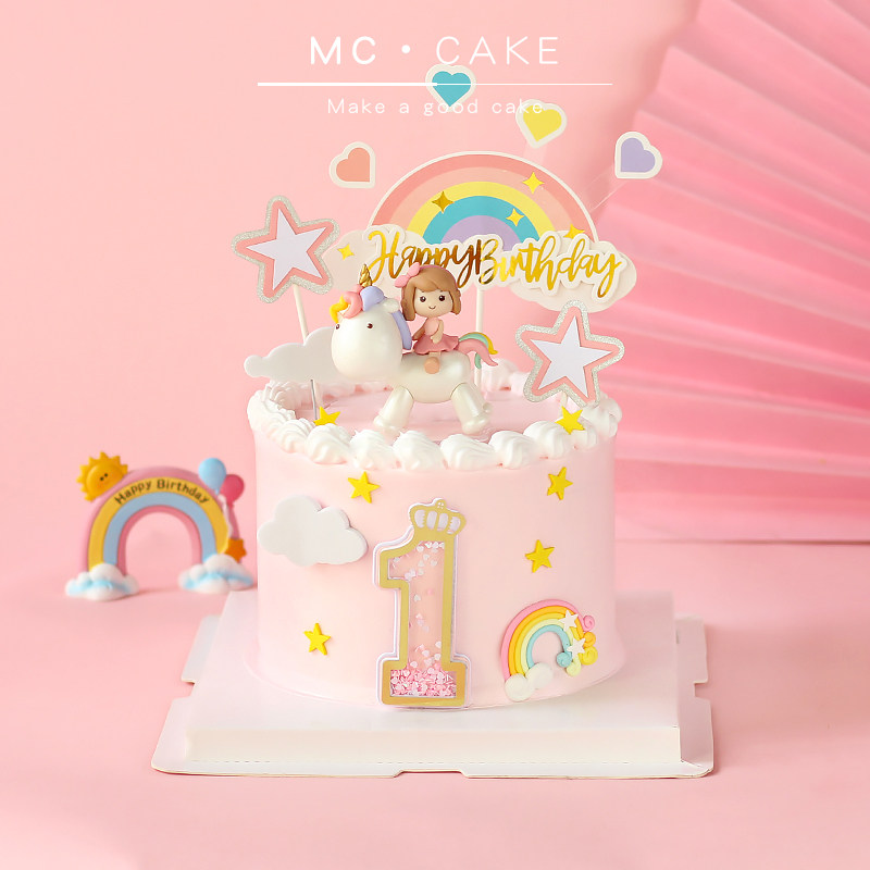 烘焙蛋糕装饰 大头独角兽女孩摆件装饰 卡通女孩彩虹插卡装扮插件