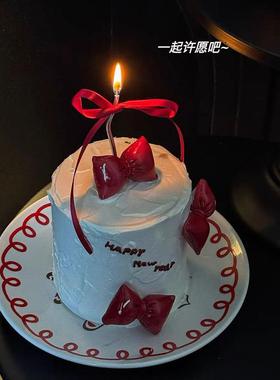 2025年新年元旦蛋糕装饰 红色蝴蝶结蛋糕装饰蝴蝶结蜡烛插件