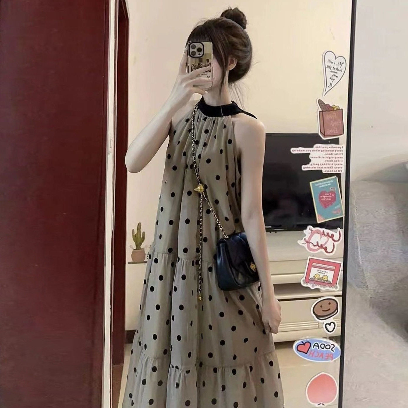 法式挂脖波点连衣裙子女