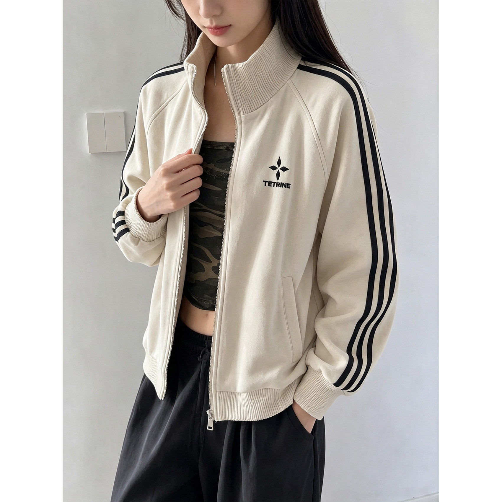 美式三条杠荔枝纹PU皮衣
