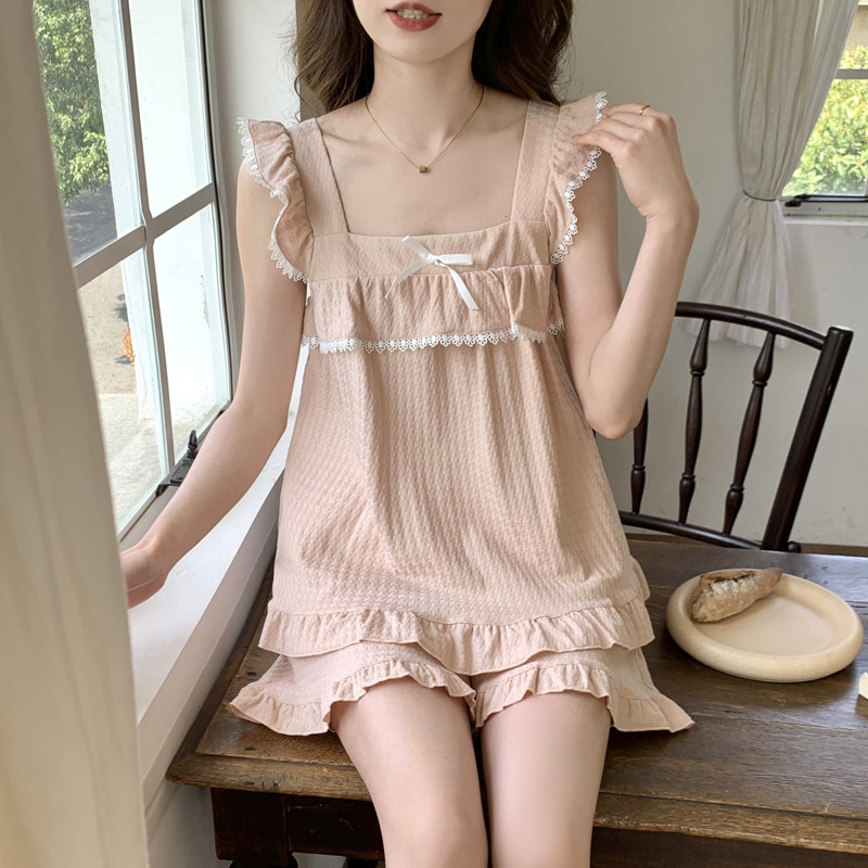 宽松薄款舒适无袖吊带短裤睡衣女士夏季纯色外穿学生家居服两件套