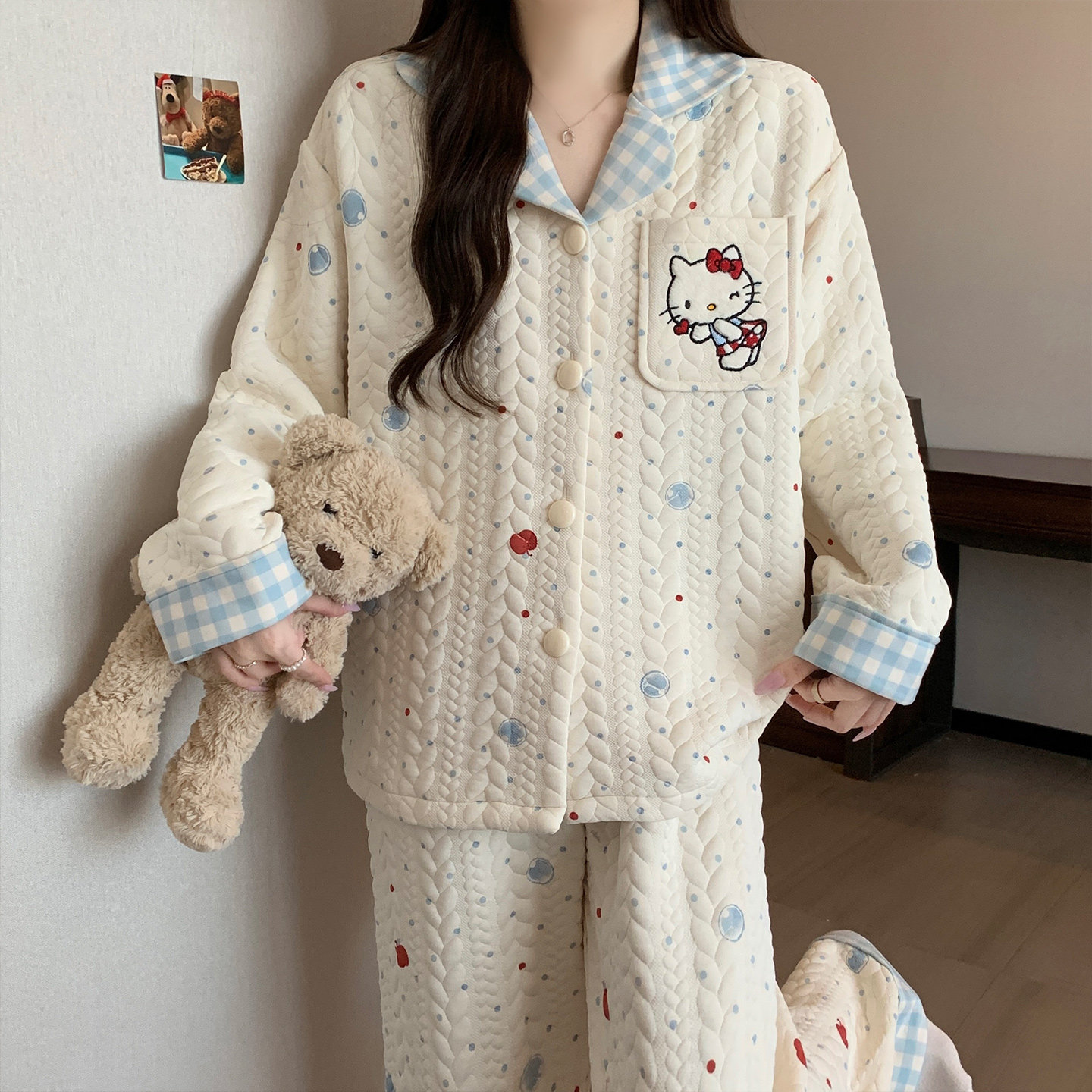 秋冬空气夹层保暖女睡衣开衫套装
