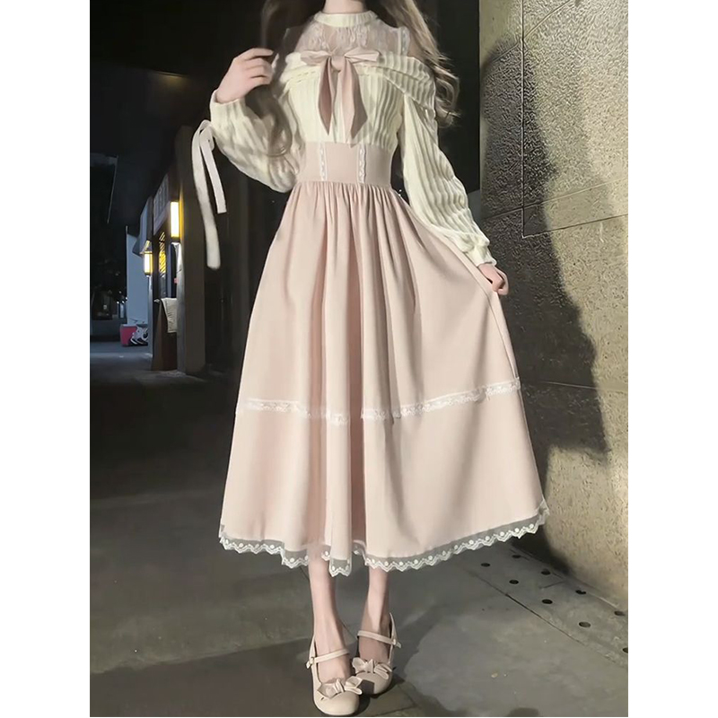 清楚系大小姐设计感露肩蝴蝶结收腰公主连衣裙秋冬洛丽塔lolita裙