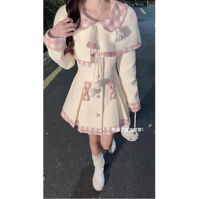 绒耳小兔秋冬新款甜美千金风粉拼杏色中长款斗篷大衣白月光Lolita