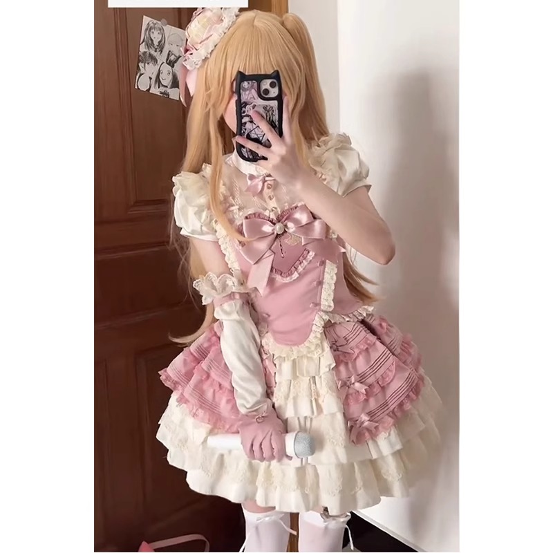 粉色可爱甜美胸衣衬衫半身裙lolita裙套装小个子洛丽塔少女公主裙