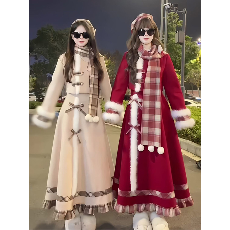 焦糖可可 甜妹少女氛围感秋冬季格子拼接毛呢围巾外套长裙三件套