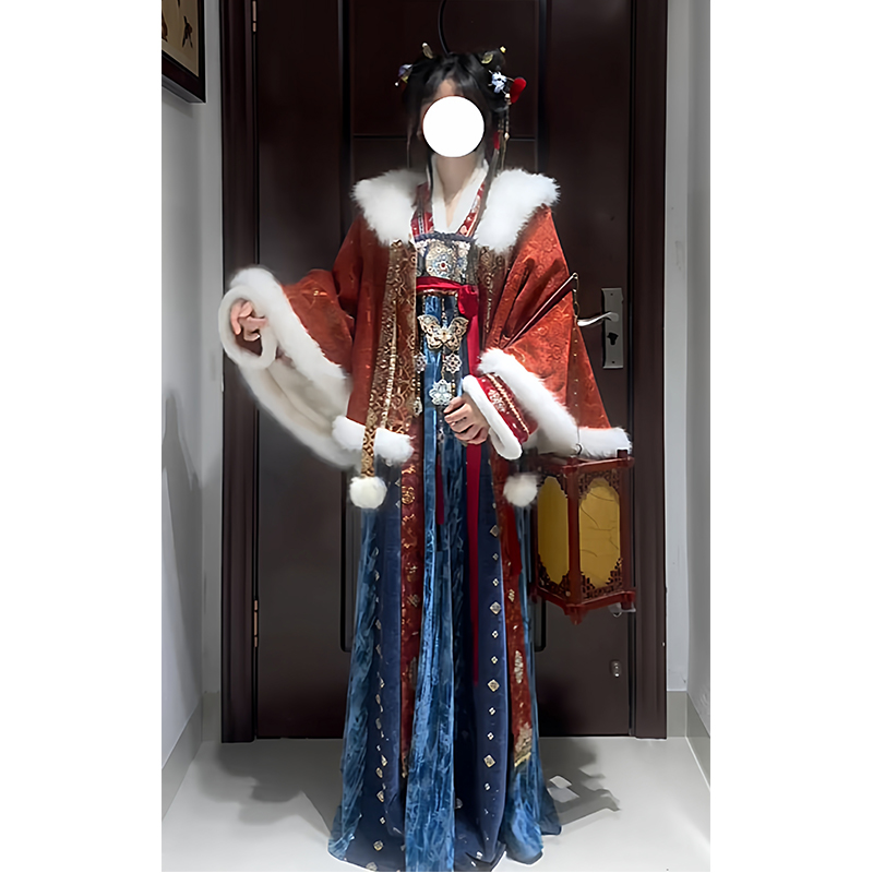 汉服女复古宝钿青黛新款国风保暖红色斗篷唐制齐胸连衣裙套装冬款