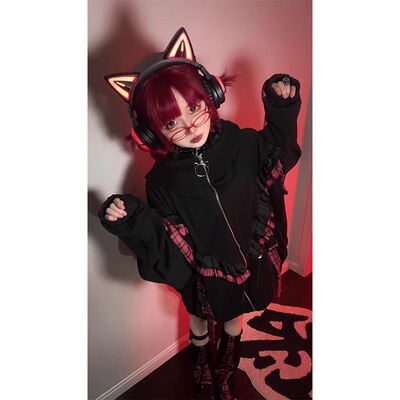 日系二次元黑红格子亚文化可爱宽松加绒冬季保暖外套