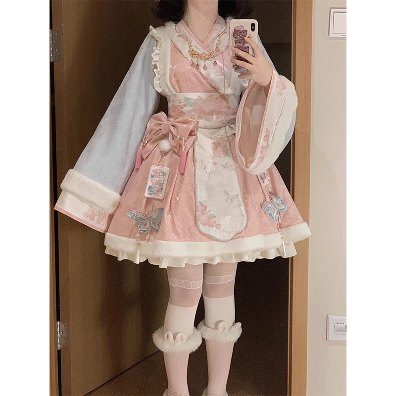 粉色马年中华新年甜美洛丽塔少女op连衣裙国风秋冬公主裙子长袖