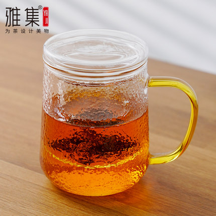 雅集茶具锤纹茶屿杯个人专用加厚茶杯带盖把手家用耐热过滤泡茶杯