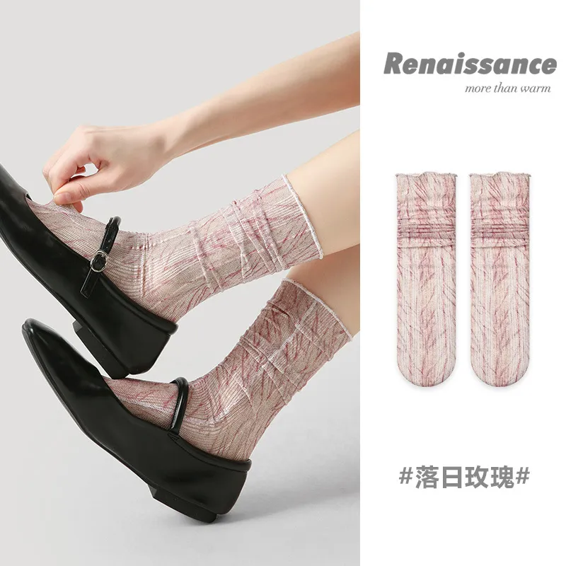 Renaissance玫瑰红蕾子女夏季薄款网纱ins堆堆袜玛丽珍