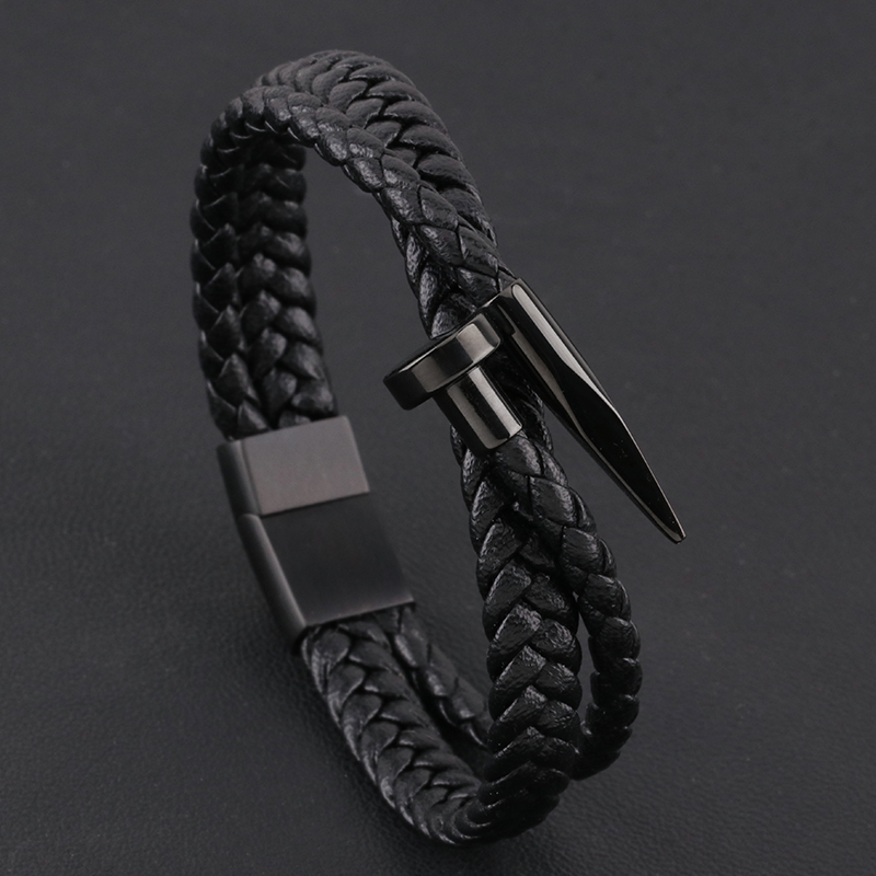 ins创意个性钉子手镯小众设计黑色皮质编织手绳男女嘻哈情侣手链