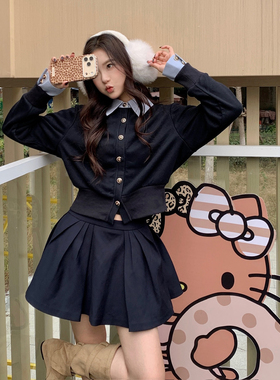 OUT OF OCEAN 25AW 芭蕾风百褶裙撞色拼接假两件衬衫领开衫外套装