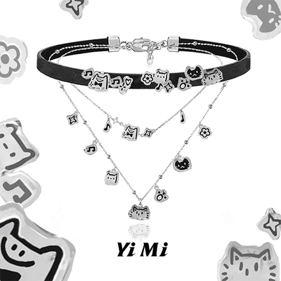 冷淡风叠戴设计涂鸦猫项链小众