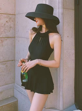 AM 大码泳衣女连体吊带纯色涤纶纯欲风露背显瘦修身性感温泉泳衣