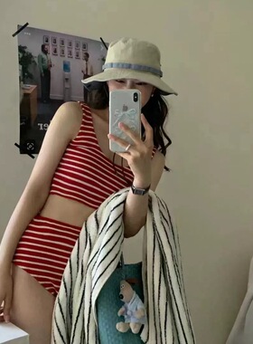 AM 复古海军 甜美感简约条纹高腰分体遮肚显瘦游泳衣度假泳装女