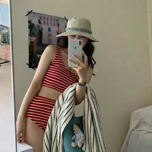 AM条纹海军高腰分体泳衣度假泳装