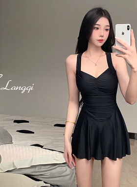 AM黑天鹅 韩国ins连体纯色聚拢遮肉显瘦冷艳小黑裙3色泡温泉泳衣