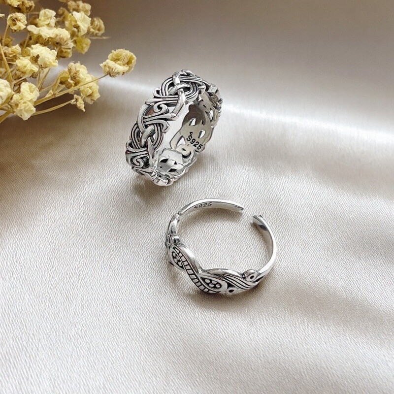 龙纹开口戒指女925银素圈指环