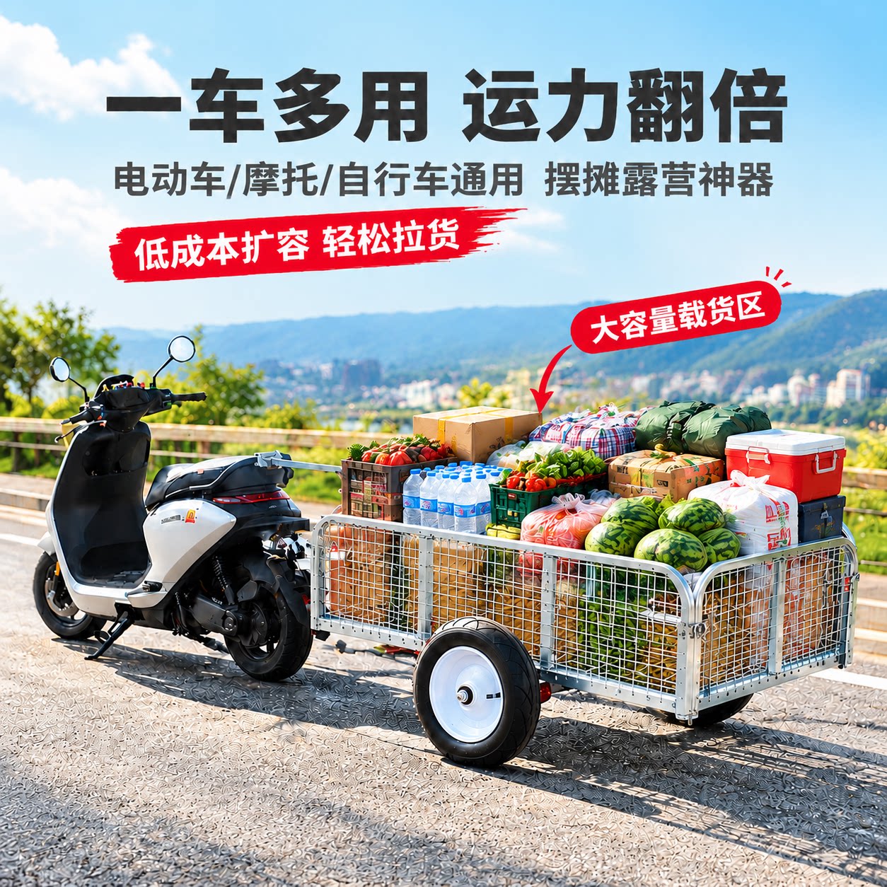 加厚斗户外便户外拉货车便捷电动三轮车摩托车后挂摆摊平板小拖车