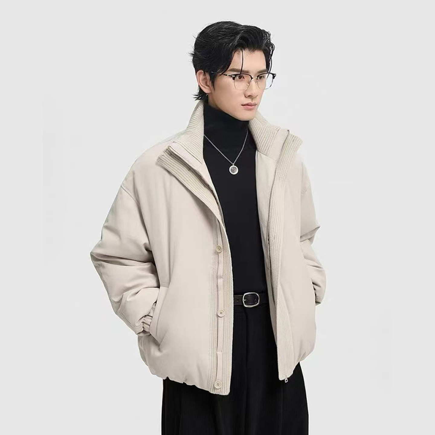 {双层领假两件设计}25冬季宽松立领短款帅气年轻羽绒服男潮流外套