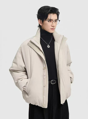 {双层领假两件设计}25冬季宽松立领短款帅气年轻羽绒服男潮流外套