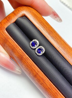 天然蓝宝石耳钉金镶成色高净度主石4*5mm925银镀金T钻耳钉