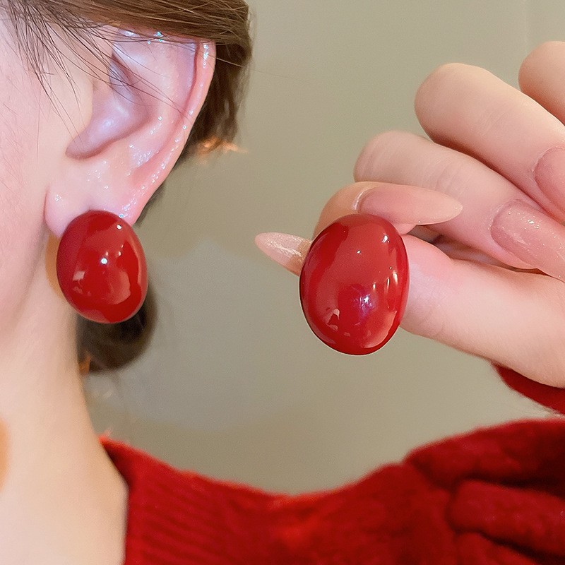 银针港风简约酒红珍珠耳钉