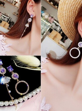 超仙buling紫水晶S925银针耳环女时尚轻奢无耳洞不对称长流苏耳坠