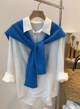 韩版针织披肩女外搭春季新款时尚复古麻花宝石蓝叠穿衬衫坎肩女潮