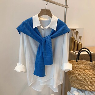 韩版针织披肩女外搭春季新款时尚复古麻花宝石蓝叠穿衬衫坎肩女潮