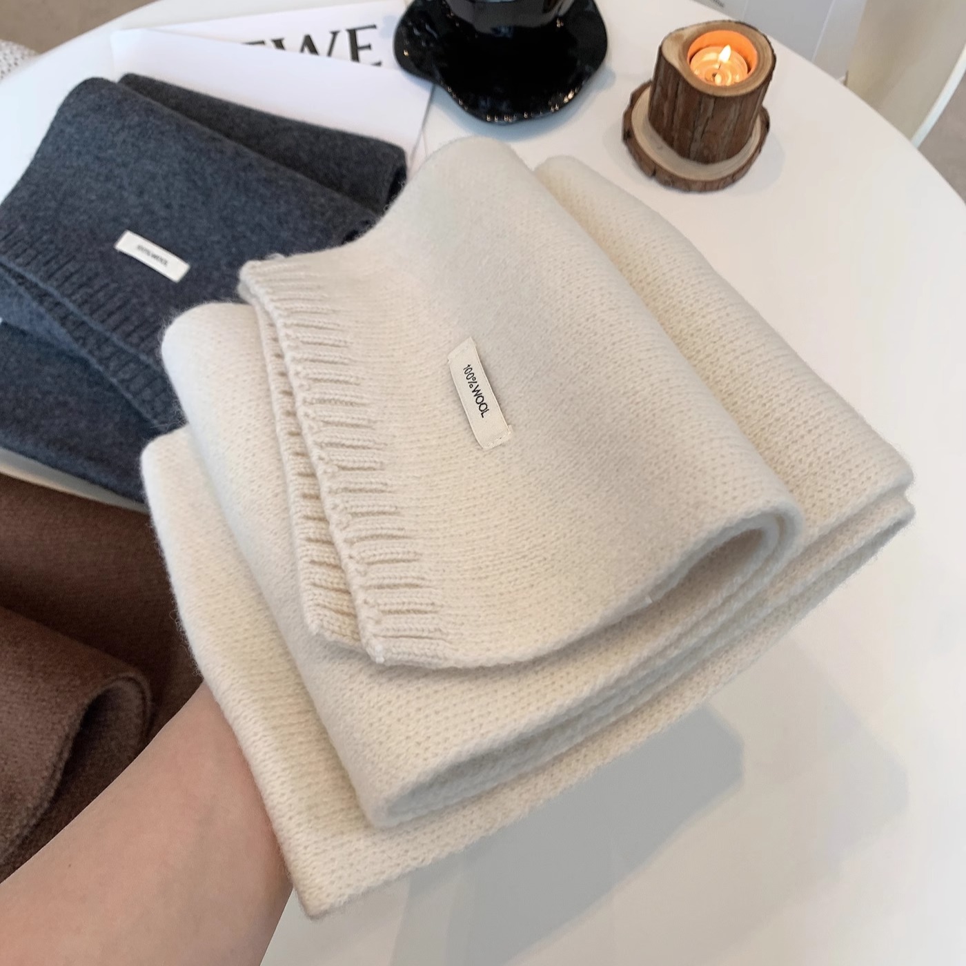 纯羊毛针织围巾女秋冬季2025新款纯色百搭高级感羊绒毛线情侣围脖