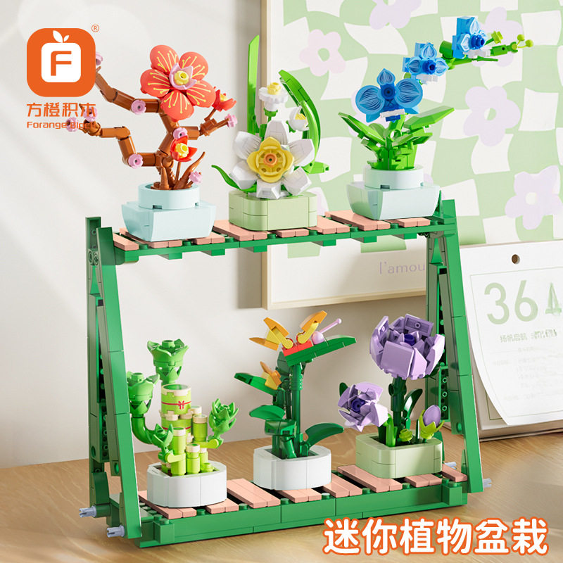 方橙积木植物盆栽富贵竹兰花水仙天堂鸟月季梅花组装模型玩具礼物