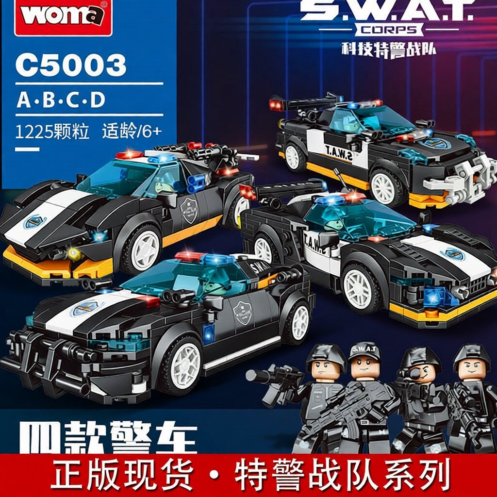 沃马积木科技特警战队越野装甲车巡逻警车玩具模型拼插拼装小颗粒