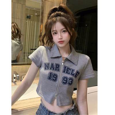 2025年夏季polo领短袖T恤女夏季复古字母印花短款拉链开衫潮