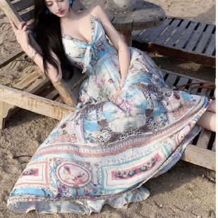 法式 性感露背绝美碎花沙滩长裙 波西米亚海边度假吊带连衣裙女夏季