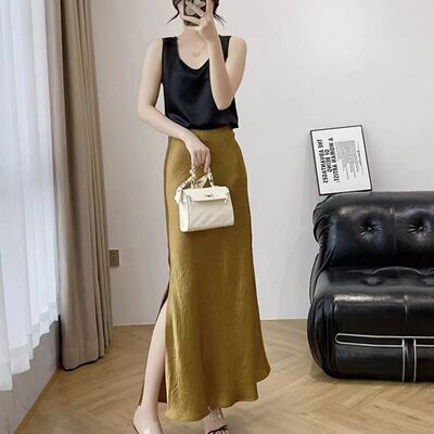 金色醋酸缎面修身开叉半身长裙女2025夏新款垂坠感长款包臀鱼尾裙
