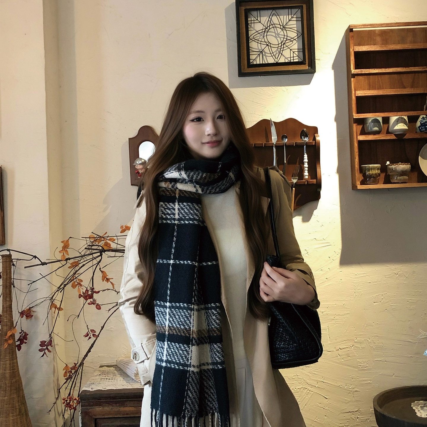 SLN格纹围巾女秋冬流苏披肩高级感保暖百搭复古老钱风时尚搭配