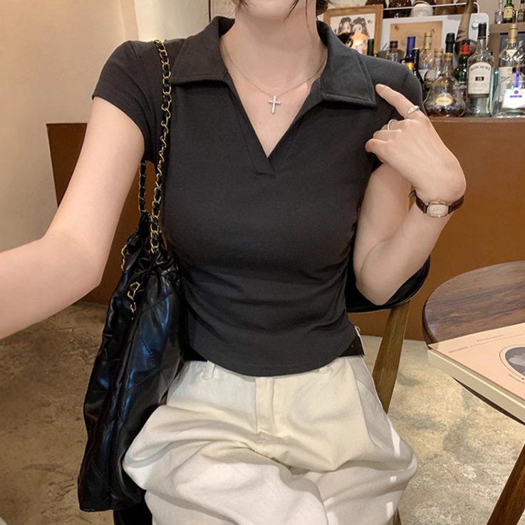 夏季辣妹修身显瘦正肩t恤女短袖设计感不规则褶皱短款Polo衫上衣