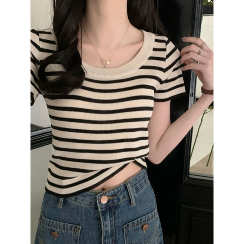 法式黑白条纹正肩方领短袖T恤女2025新款夏季小个子修身短款上衣